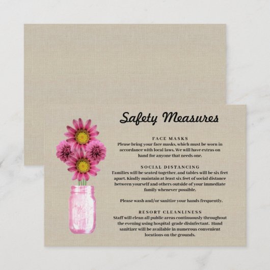 Carte D'accompagnement Mesures de sécurité pour pot Mason floral rose en (Devant / Derrière)