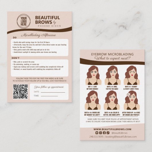Carte D'accompagnement Microblading Brow Aftercare & Nomination Reminder (Devant / Derrière)