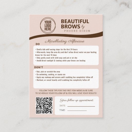 Carte D'accompagnement Microblading Brow Aftercare & Nomination Reminder (Devant)