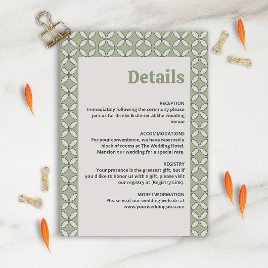 Carte D'accompagnement Mid Century Mod Retro Détails du Mariage Olive Gre