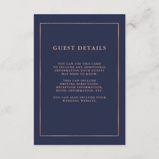 Carte D'accompagnement Midnight Blue et Rose Gold Border Détails de l'inv (Devant)
