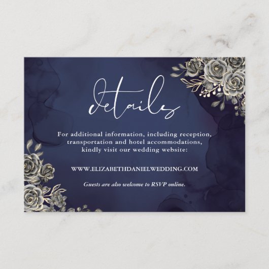 Carte D'accompagnement Midnight Blue Floral Rose gothique Détails du Mari (Devant)
