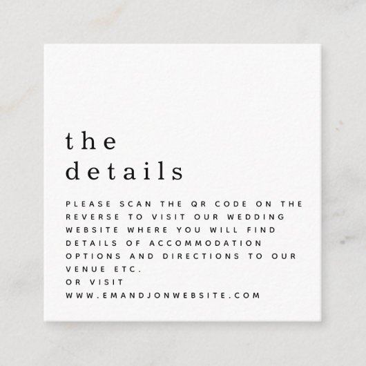 Carte D'accompagnement MINI code QR noir blanc Détails Mariage (Devant)