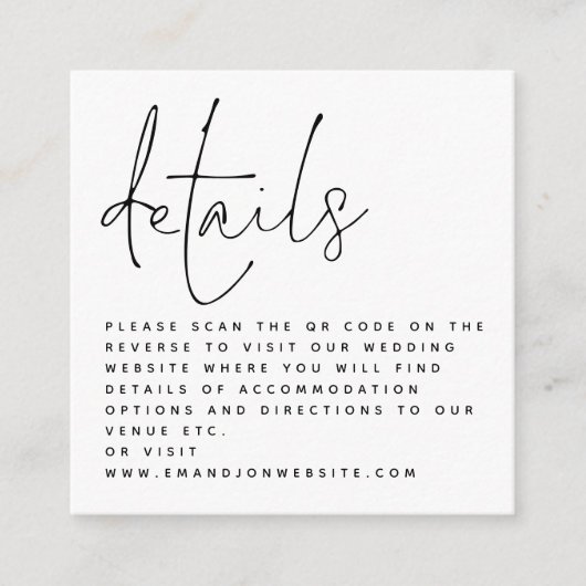 Carte D'accompagnement Mini code QR Script noir blanc Détails du Mariage (Devant)