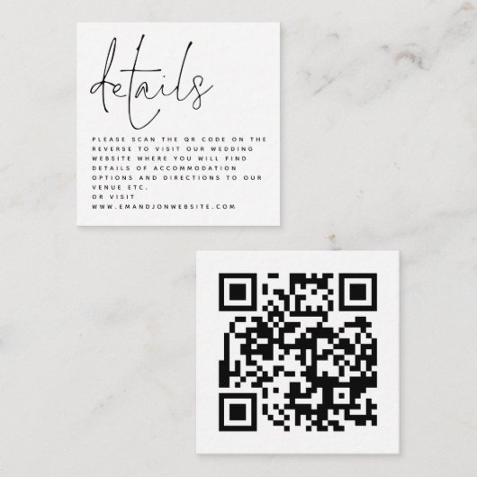 Carte D'accompagnement Mini code QR Script noir blanc Détails du Mariage (Devant / Derrière)