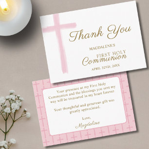 Carte D'accompagnement Mini Croix Rose Première Sainte Communion Merci