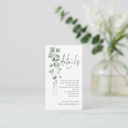 Carte D'accompagnement Mini Eucalyptus Script QR Code Détails du Mariage (Debout devant)