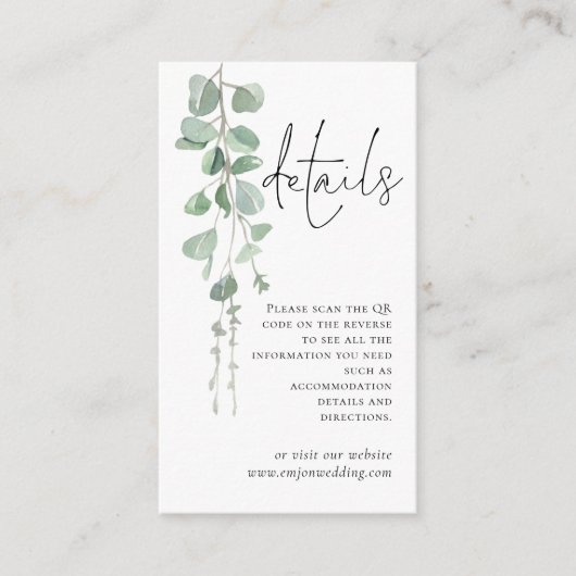 Carte D'accompagnement Mini Eucalyptus Script QR Code Détails du Mariage (Devant)