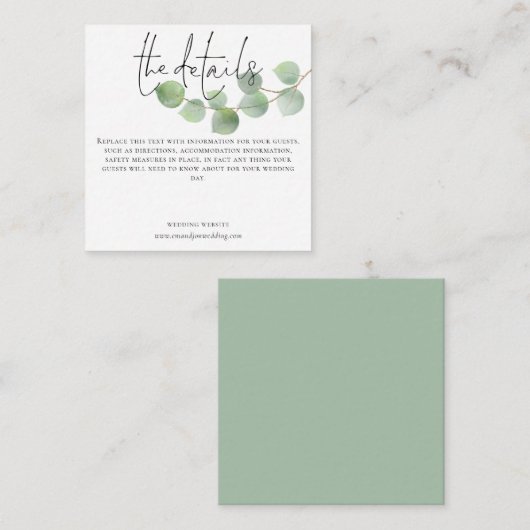 Carte D'accompagnement MINI Modern Eucalyptus Détails du Mariage Script (Devant / Derrière)