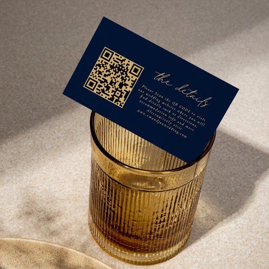 Carte D'accompagnement Mini QR Code Gold Script Navy Blue Mariage Détails