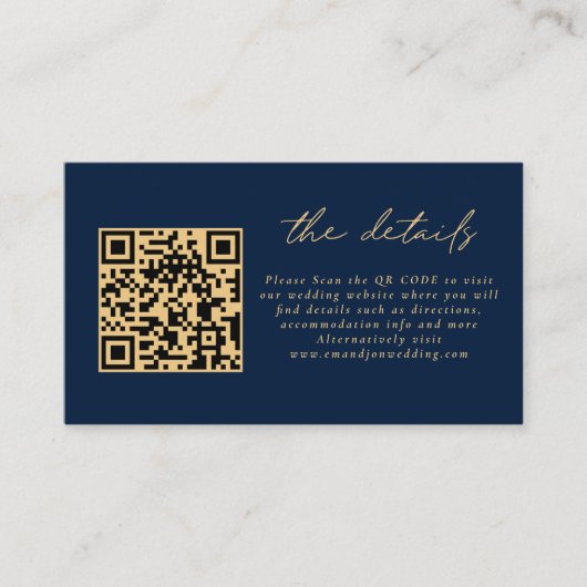 Carte D'accompagnement Mini QR Code Gold Script Navy Blue Mariage Détails (Devant)