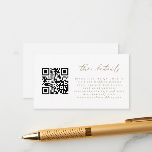 Carte D'accompagnement Mini QR Code Simple Gold Script Détails du Mariage (Devant/Arrière en situation)