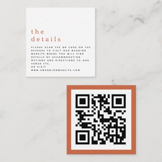Carte D'accompagnement MINI QR code Terracotta Détails du Mariage (Devant / Derrière)