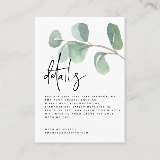 Carte D'accompagnement MINI Script Green Eucalyptus Détails du Mariage (Devant)
