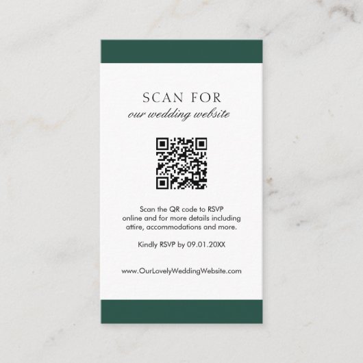Carte D'accompagnement Minimal Emerald vert moderne QR Code Mariage (Devant)
