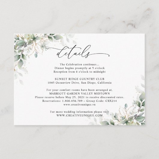 Carte D'accompagnement Minimal Eucalyptus Wedding Details Card (Devant)