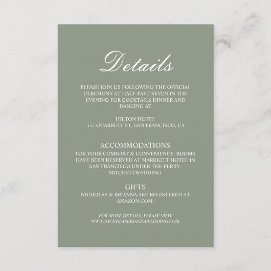 Carte D'accompagnement Minimalist Boho Green Elegant Wedding Details (Devant)