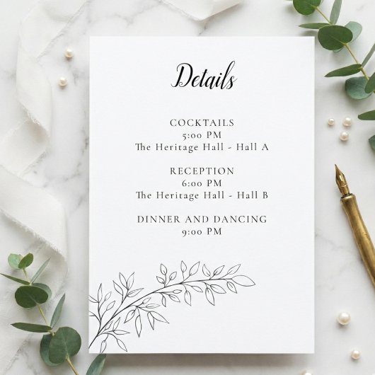 Carte D'accompagnement Minimalist Botanical Wedding Details Card Black