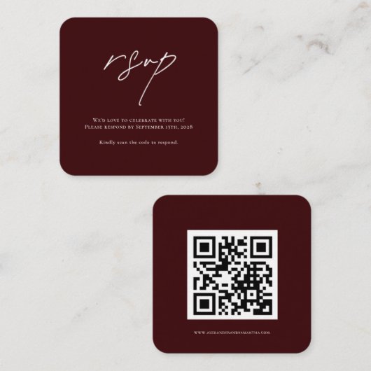 Carte D'accompagnement Minimalist Burgundy Wedding RSVP Card with QR Code (Devant / Derrière)