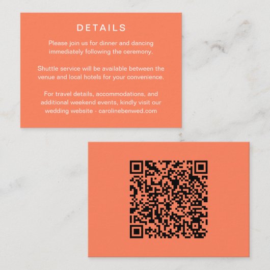 Carte D'accompagnement Minimalist Modern Tangerine Wedding Details (Devant / Derrière)