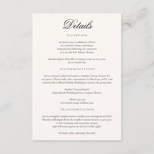 Carte D'accompagnement Minimalist Neutral Tropical Beach Wedding Details (Devant)