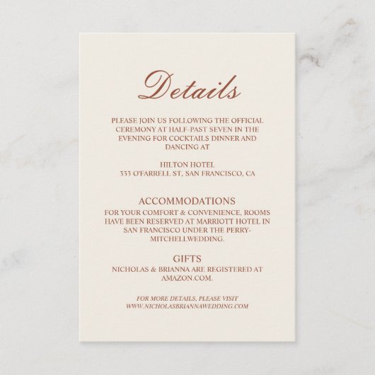 Carte D'accompagnement Minimalist Terracotta Wedding Details (Devant)