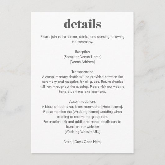 Carte D'accompagnement Minimalist Typography Black White Wedding Details (Devant)