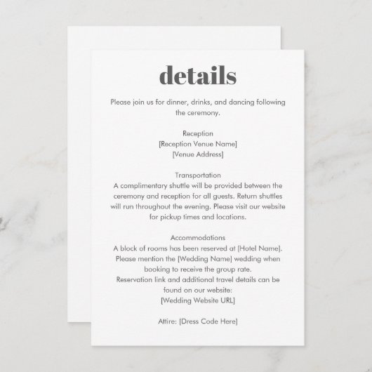 Carte D'accompagnement Minimalist Typography Black White Wedding Details (Devant / Derrière)