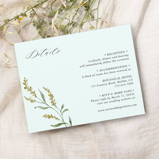 Carte D'accompagnement Mint Fleur sauvage Elegant Wedding Détails