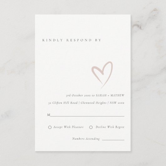 Carte D'accompagnement Minuscule Script simple Blush Coeur Mariage RSVP (Devant)