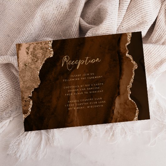 Carte D'accompagnement Mocha Brown Gold Agate Script Wedding Reception