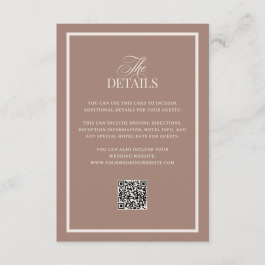 Carte D'accompagnement Mocha with Border | QR Code Wedding Guest Details (Devant)