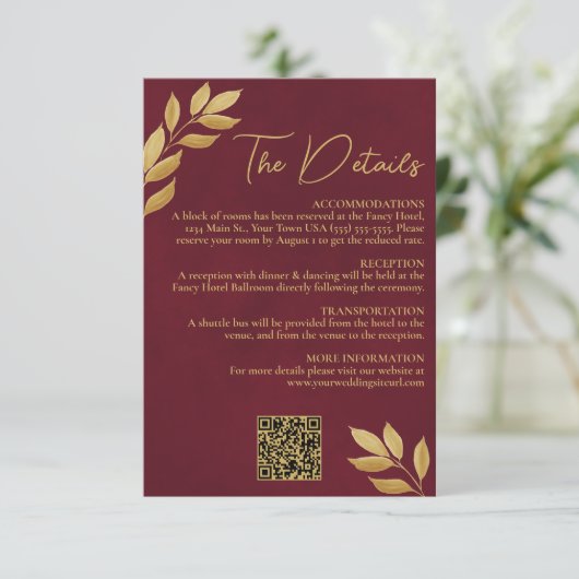 Carte D'accompagnement Mod Leaves Burgundy Gold Wedding Details QR Code (Debout devant)