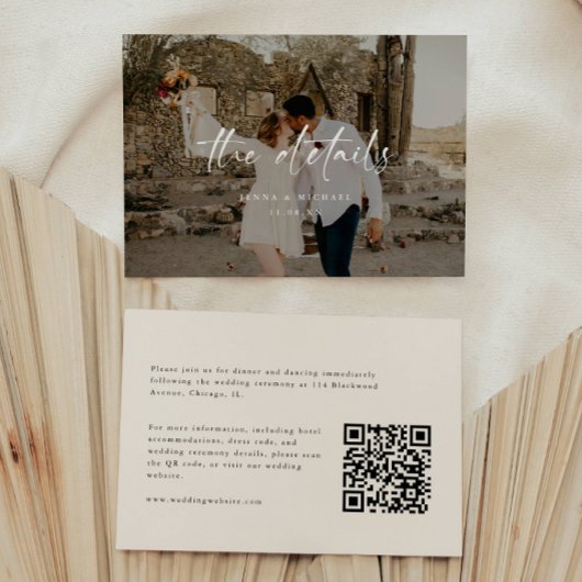Carte D'accompagnement Modern Beige Photo Script Wedding Details