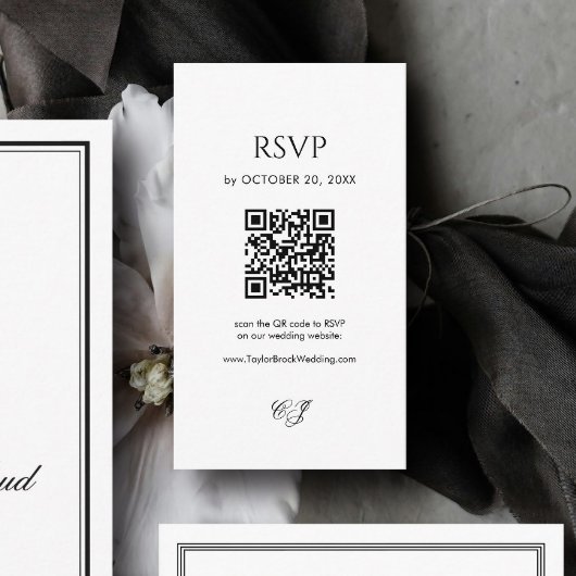 Carte D'accompagnement Modern Black and White Wedding RSVP Qr Code