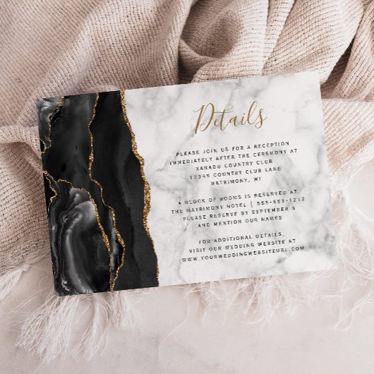 Carte D'accompagnement Modern Black Gold Agate Marble Wedding Details