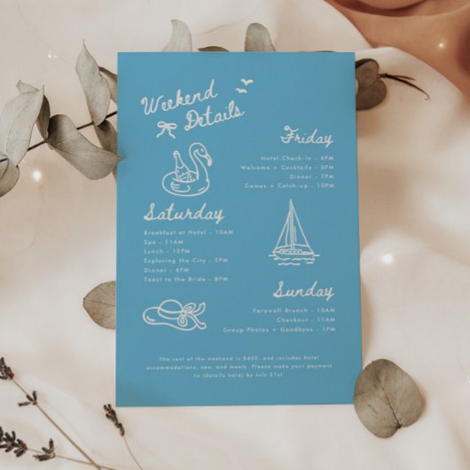 Carte D'accompagnement Modern Blue Script Bachelorette Weekend Details