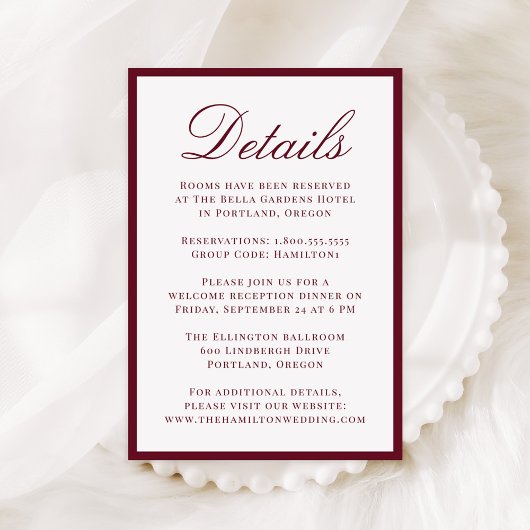 Carte D'accompagnement Modern Burgundy Border Wedding Details