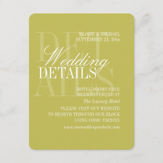 Carte D'accompagnement Modern Chartreuse Script Wedding Details QR (Devant)