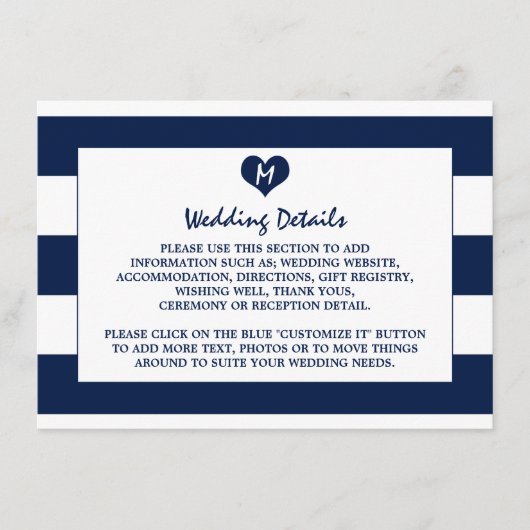 Carte D'accompagnement Modern Chic Navy Blue & White Mariage Détails (Devant)