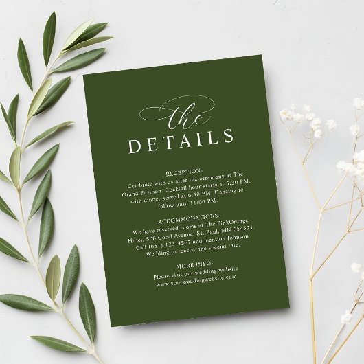 Carte D'accompagnement Modern Chic Olive Green Wedding Details