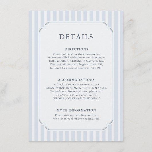 Carte D'accompagnement Modern Classic Stripes Dusty Blue Wedding Details (Devant)