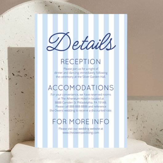 Carte D'accompagnement Modern Coastal Blue Stripes Wedding Details