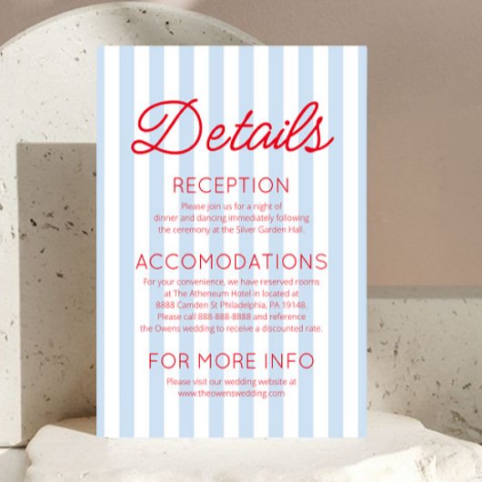 Carte D'accompagnement Modern Coastal Red Blue Stripes Wedding Details