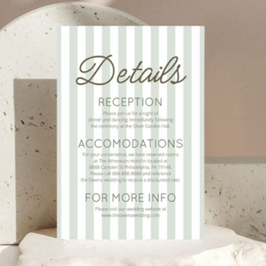Carte D'accompagnement Modern Coastal Sage Green Stripes Wedding Details