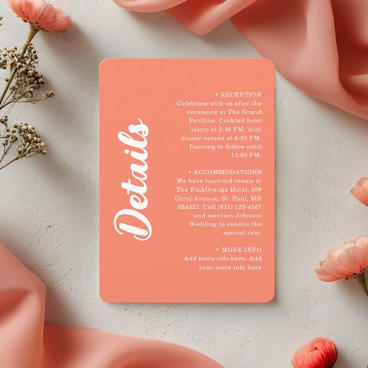 Carte D'accompagnement Modern Coral Pink Groovy Script Wedding Details