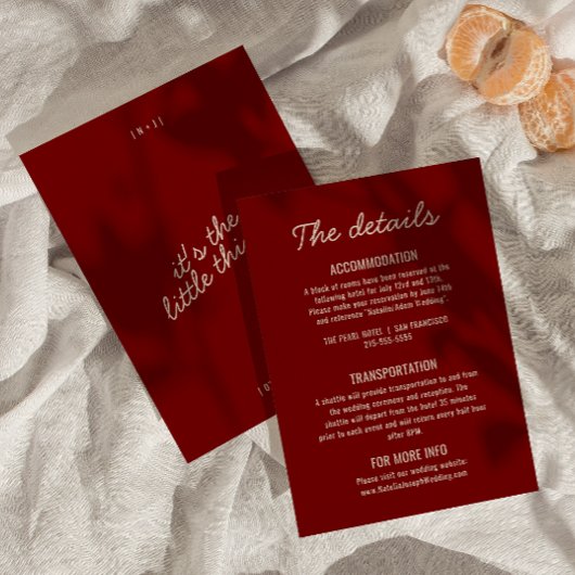 Carte D'accompagnement Modern Deep Red Whimsical Retro Wedding Details