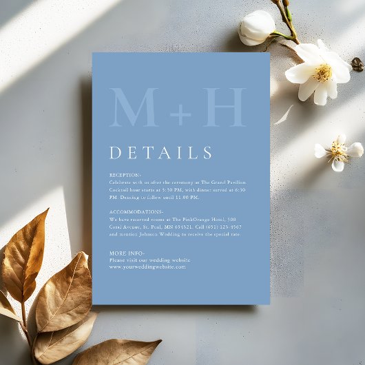 Carte D'accompagnement Modern Dusty Blue Monogram Wedding Details