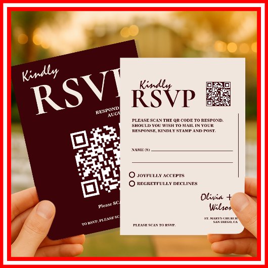 Carte D'accompagnement Modern Elegant Burgundy Wedding QR CODE RSVP