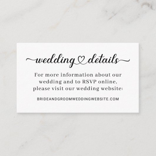 Carte D'accompagnement Modern Heart Script Mariage Détails Site Web (Devant)